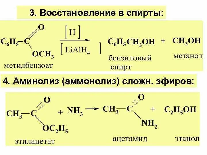 Карбоновые кислоты реагируют с спиртами. Аминолиз карбоновых кислот. Аммонолиз сложных эфиров. Реакция восстановления карбоновых кислот. Восстановление производных карбоновых кислот.