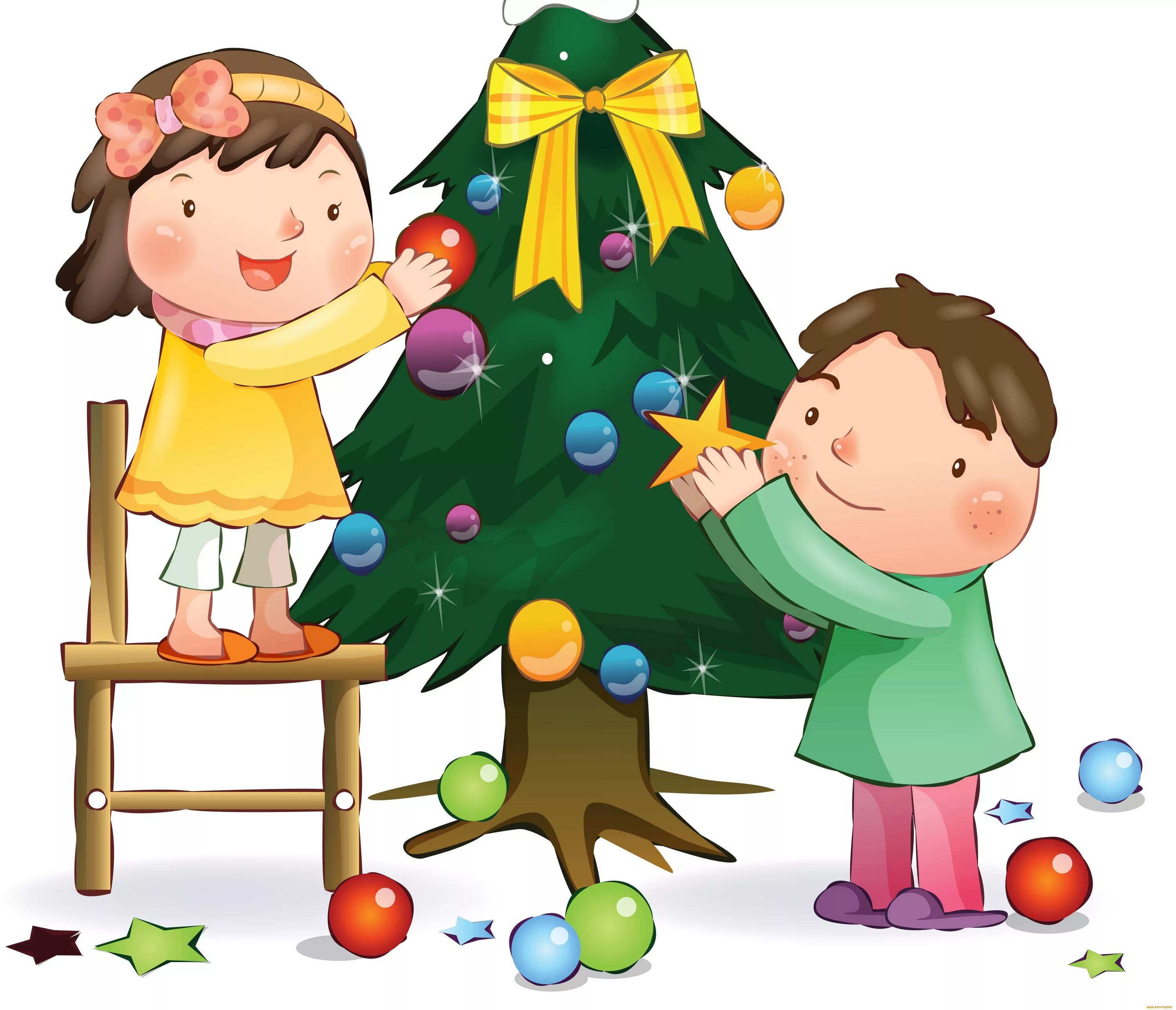 Новогодние картинки для детей. Дети наряжают елку для детей. Елка для детей. Новогодняя елка для детей.