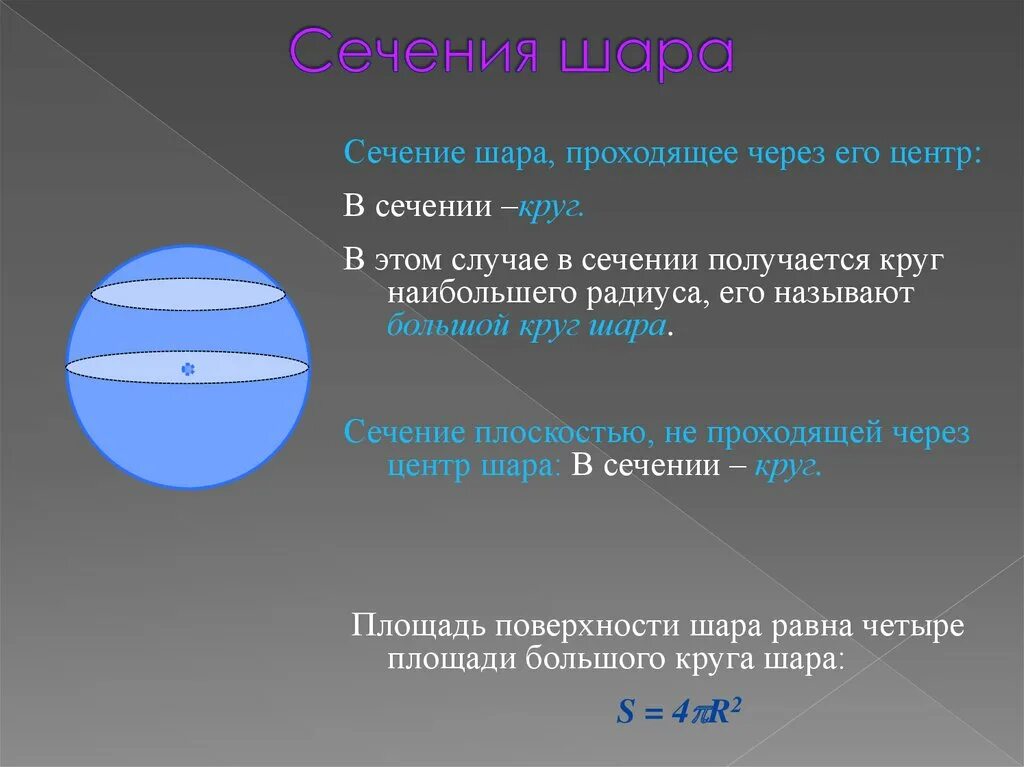 Сечением шара плоскостью является. Сечение сферы и шара плоскостью. Диаметральное сечение шара. Шар сечение шара плоскостью.