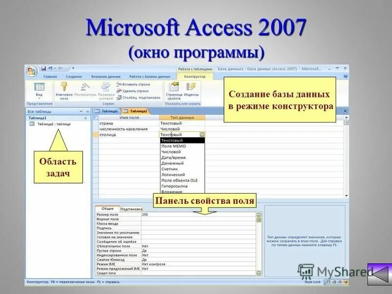 Войти в область данных. СУБД MS access. Конструктора таблиц база данных MS access. Microsoft access 2007 СУБД. Запись в таблице базы данных MS access это.