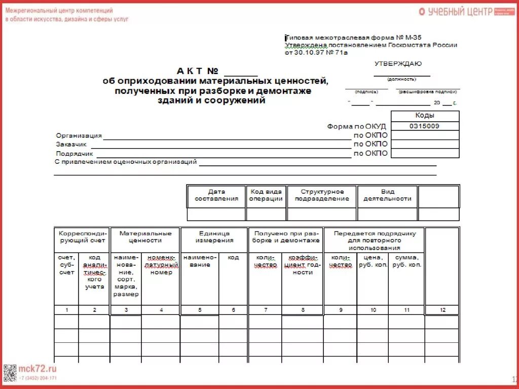 Акт м 35. Форма м-35. Документационное обеспечение логистических процессов. Акт об оприходовании материальных ценностей. Акт по форме м-35.