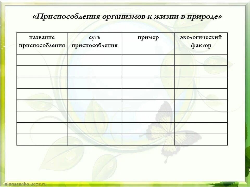 Пример адаптации организмы таблица