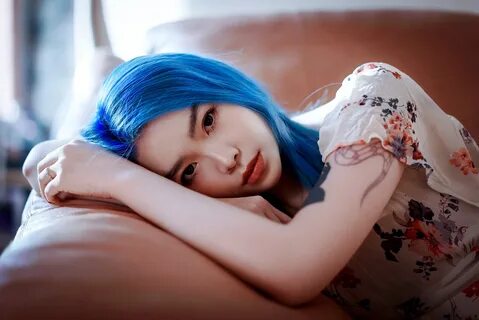 Free download wallpaper Model, Women, Blue Hair, Asian, Lying Down on your ...