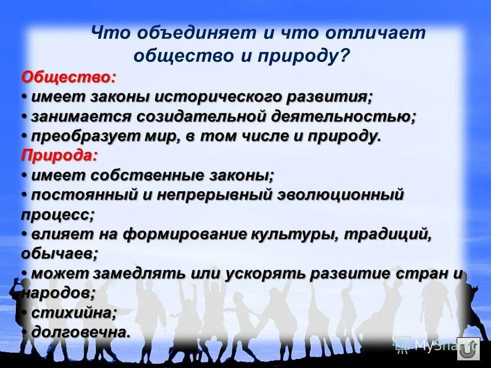 Природа в отличие от общества. Законы развития общества и природы. Что объединяет и отличает общество и природу. Сходства природы и общества. Законы природы Обществознание.