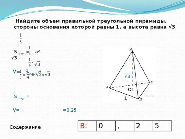 Площадь треугольника со стороной 8. Найдите объем правильной треугольной пирамиды. Объем правильной треугольной пирамиды пирамиды. Найдите объем правильной треугольной пирамиды стороны основания 1. Стороны основания правильной треугольной пирамиды равно 1.