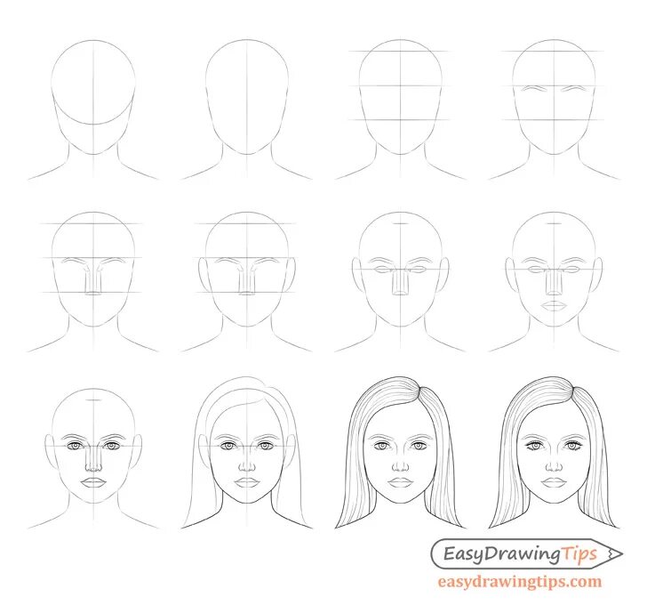Лицо рисунок поэтапно. Рисунки лица человека для начинающих. Рисование лица пошагово. Схема лица человека для рисования. Поэтапное рисование лица девушки.
