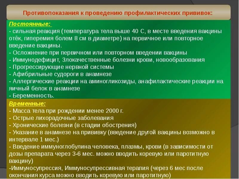 Также проведена профилактическая. Противопоказания к проведению профилактических прививок. Постоянные противопоказания к проведению профилактических прививок. Временные и постоянные противопоказания к вакцинации. Противопоказания к проведению иммунизации.