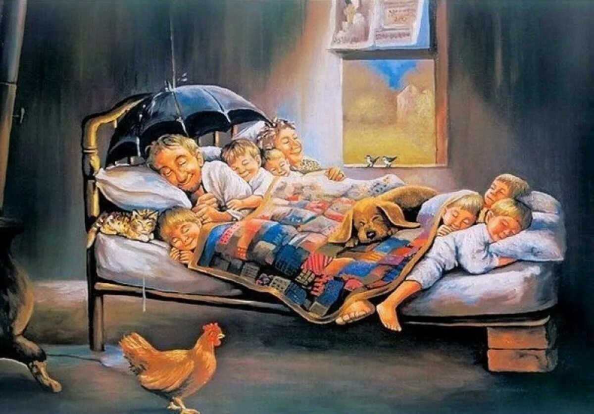 Тетя кошка. Хоть тесно. Много кошек. Хоть тесно. Уютные иллюстрации.