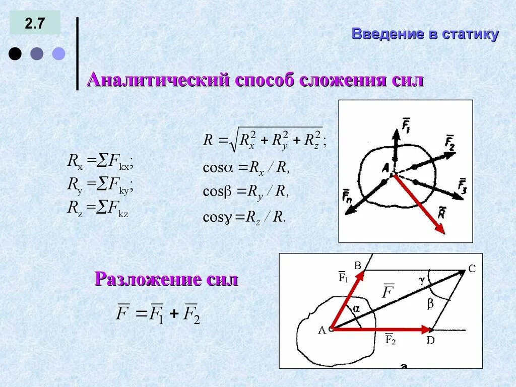 Равнодействующий вектор трех векторов. Аналитический способ сложения сходящихся сил. Аналитический метод сложения сходящихся сил. Разложение сил теоретическая механика. Сложение сил теоретическая механика.