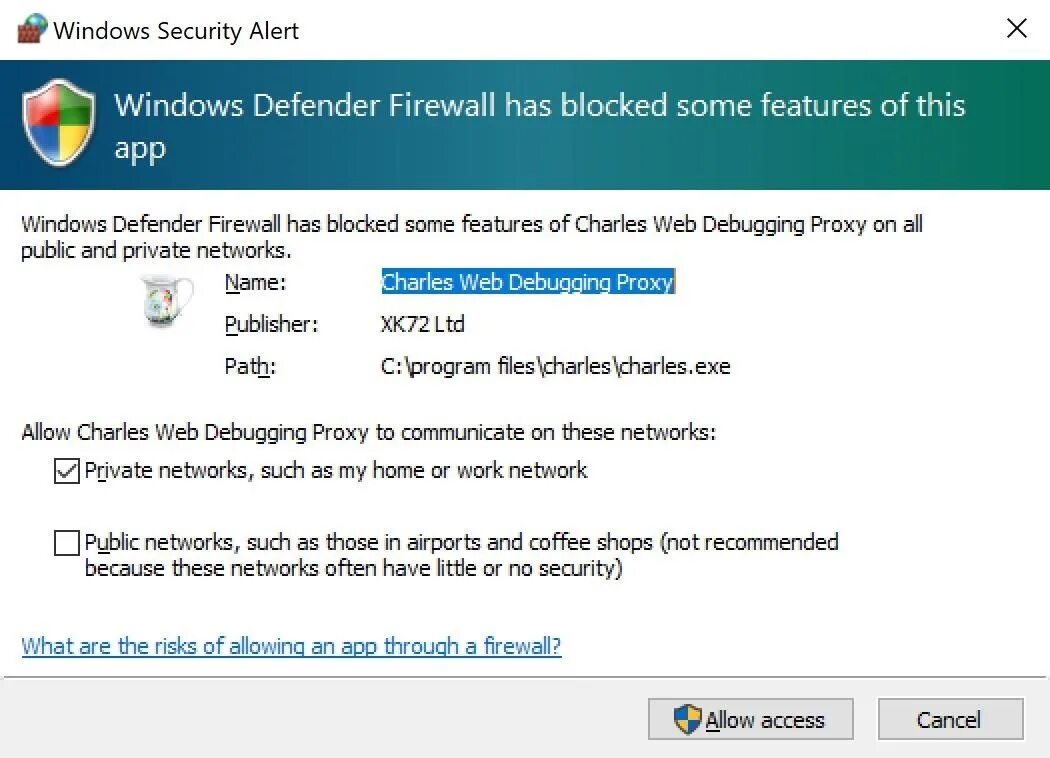 Firewall allow. Access allowed. Adobe Dreamweaver interface. Charles web debugging proxy. Windows Alert.