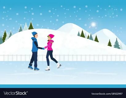 Couple skating on ice rink on cityscape landscape Vector Ima
