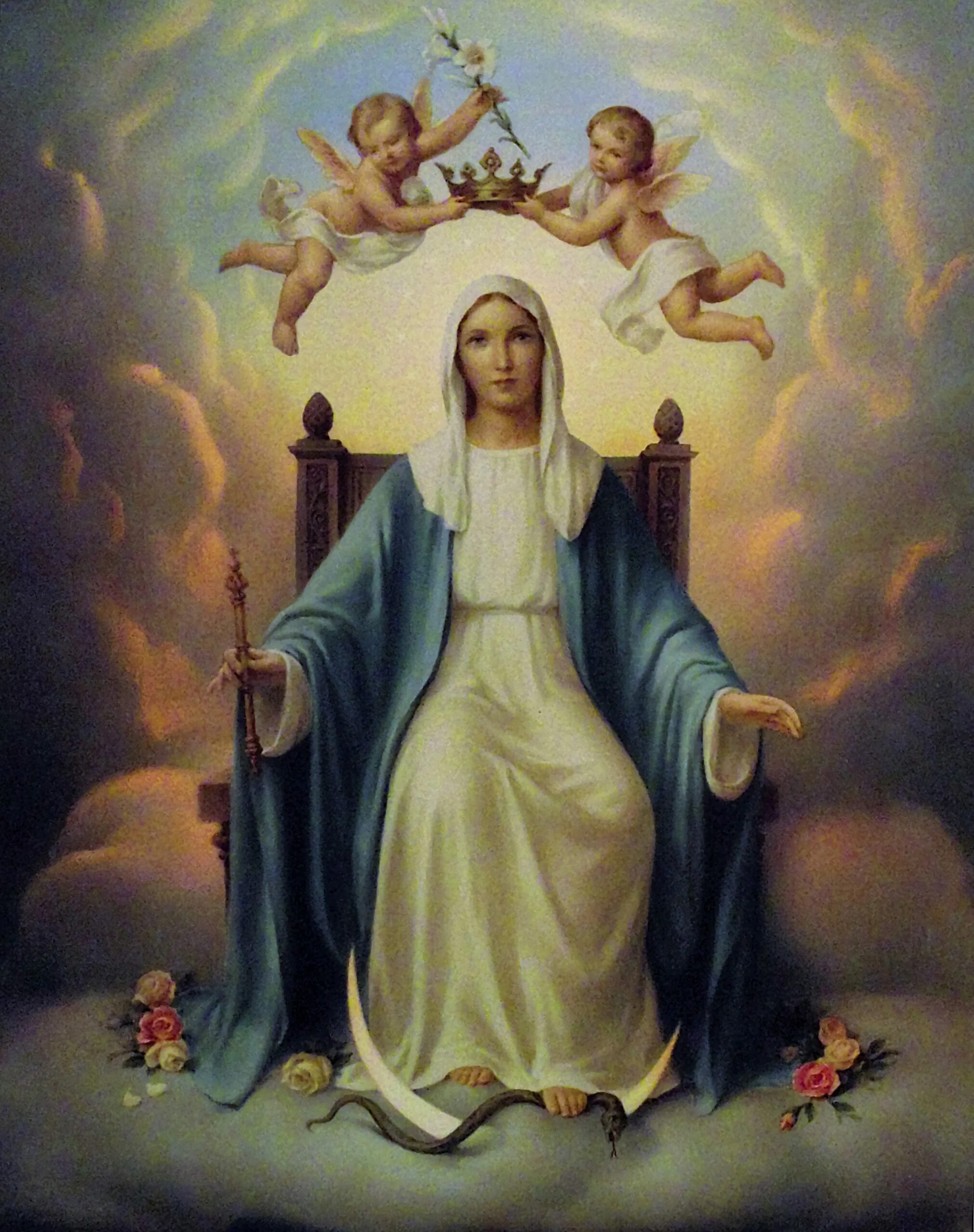 Ангелов царице. Святой розарий Пресвятой Девы Марии. Католическая икона Девы Марии.