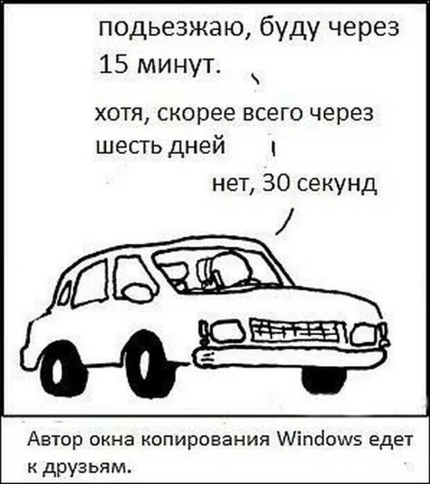 Почему через минут 15. Анекдоты про машины. Приколы машина подъехала. Автор диалога копирования Windows едет к друзьям. Буду через 15 минут прикол.