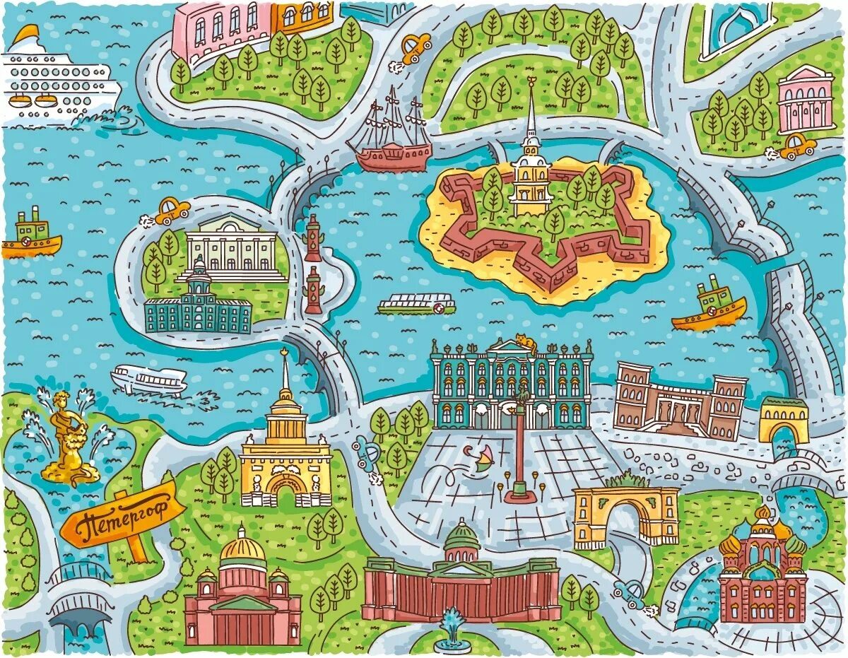 Печать карт городов. Карта Санкт-Петербурга картинка для детей. Карта Петербурга для детей. Карта Санкт-Петербурга для детей с достопримечательностями. Карта путешествия для детей.