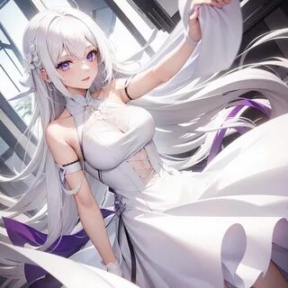 Женщина, белые волосы, Фиолетовые глаза, белое платье - SeaArt AI 