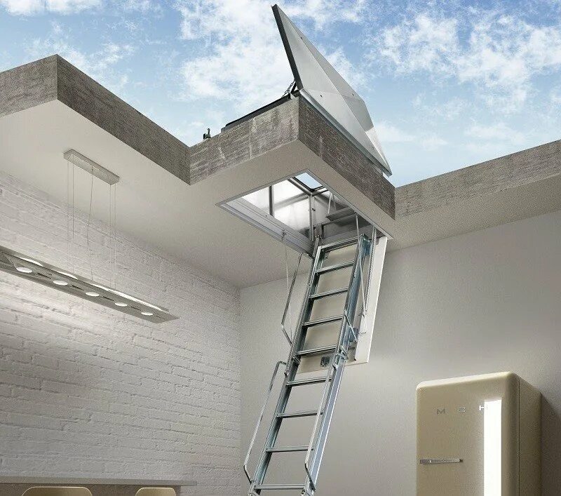 Поднимающаяся лестница на чердак. Чердачная лестница Fakro LTM. Складная лестница на антресольный этаж. Стационарная чердачная лестница OMP. Чердачная мансардная телескопическая лестница Loft line.