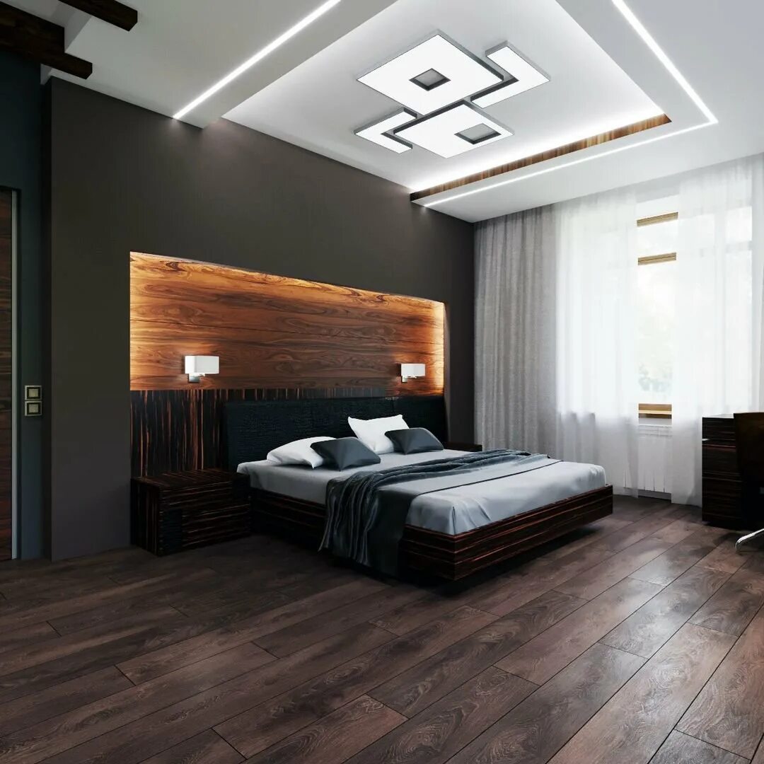 Мужская спальня. Спальня в скандинавском стиле. Темные стены в интерьере спальни. Черно белый интерьер. Темный пол светлые стены.