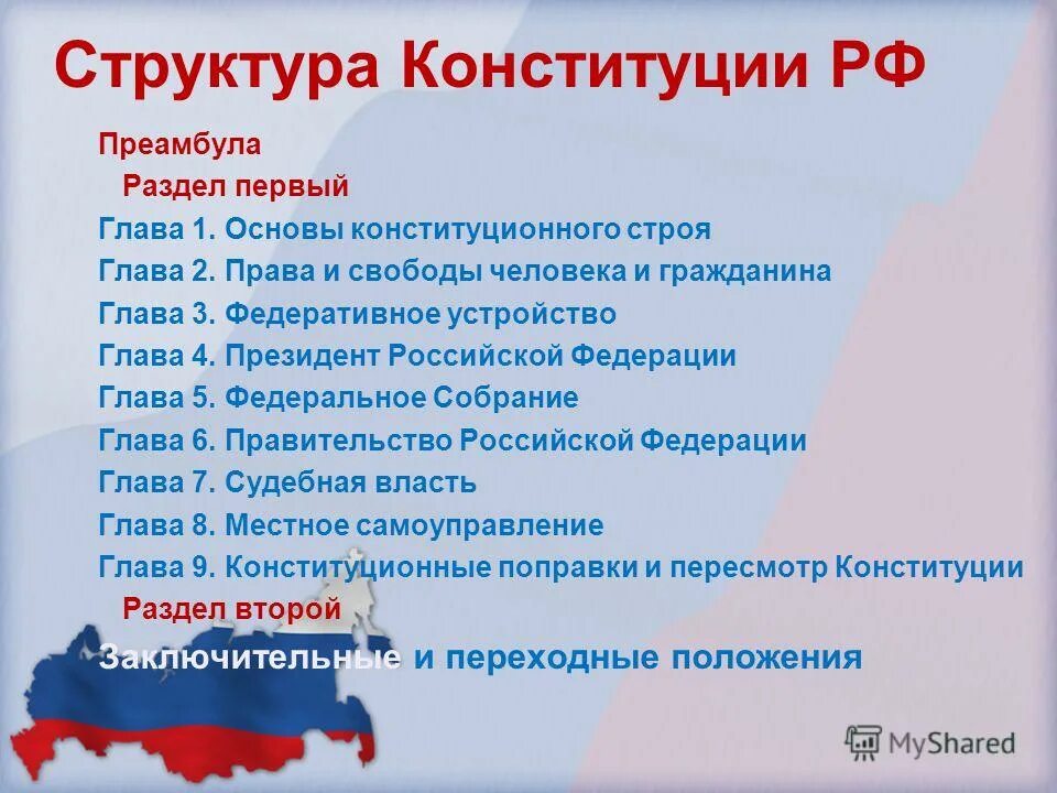 Конституция российской федерации обществознание тест. Структура Конституции Российской Федерации 1 раздел. Основные разделы Конституции РФ. Состав Конституции РФ. Перечислите основные разделы Конституции РФ.