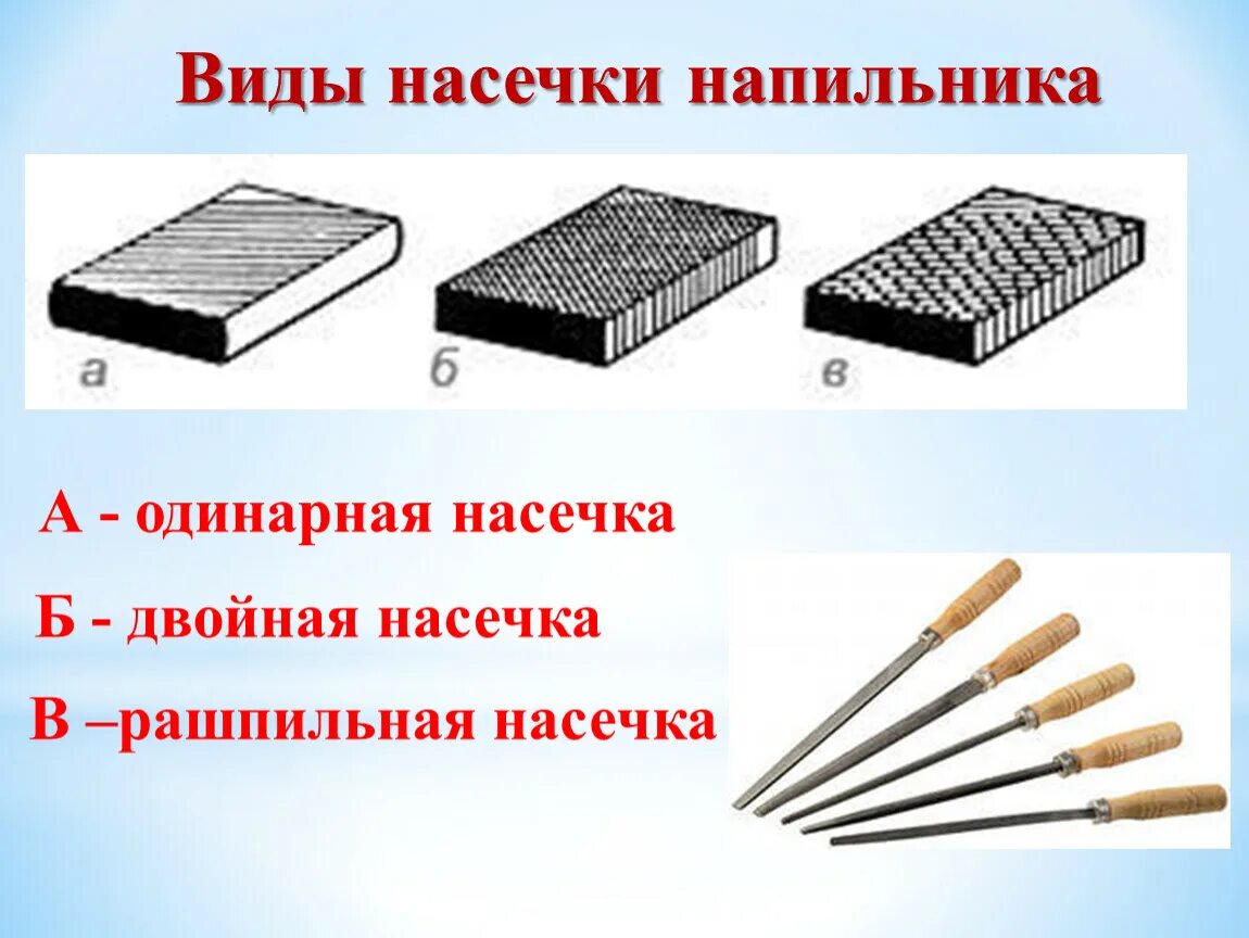 Типы насечек напильников. Виды насечки надфилей. назовите типы насечек напильников. формы насечек напильников.
