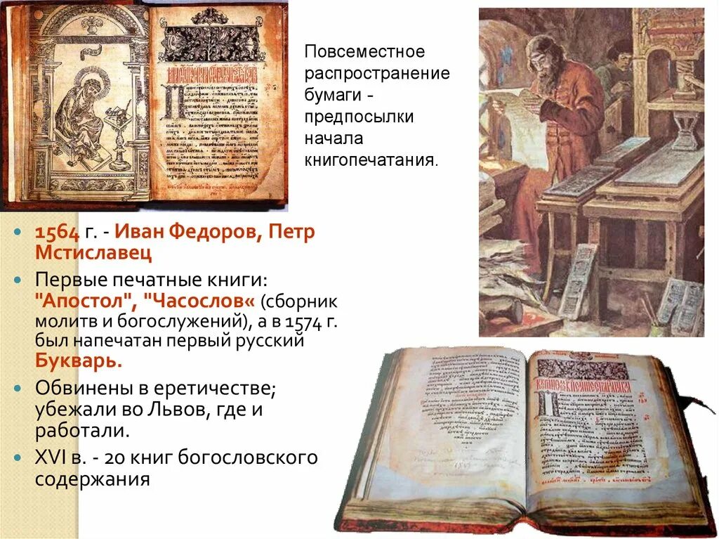 Книги появились в 16 веке. "Апостол" (1574 г.) Ивана Федорова.