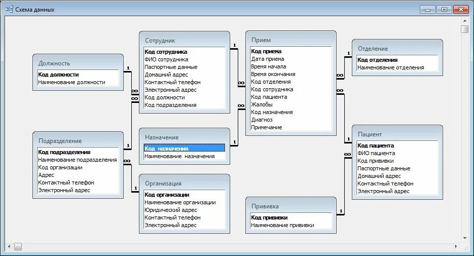 База данных московской области. База данных больница access. Концептуальная модель БД поликлиники. Базы данных поликлиника access. Access схема данных больница.