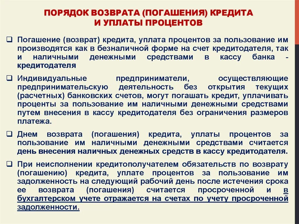 Процедура возмещения. Порядок возврата кредита. Порядок погашения банковских кредитов. Порядок уплаты процентов. Порядок погашения кредита кратко.