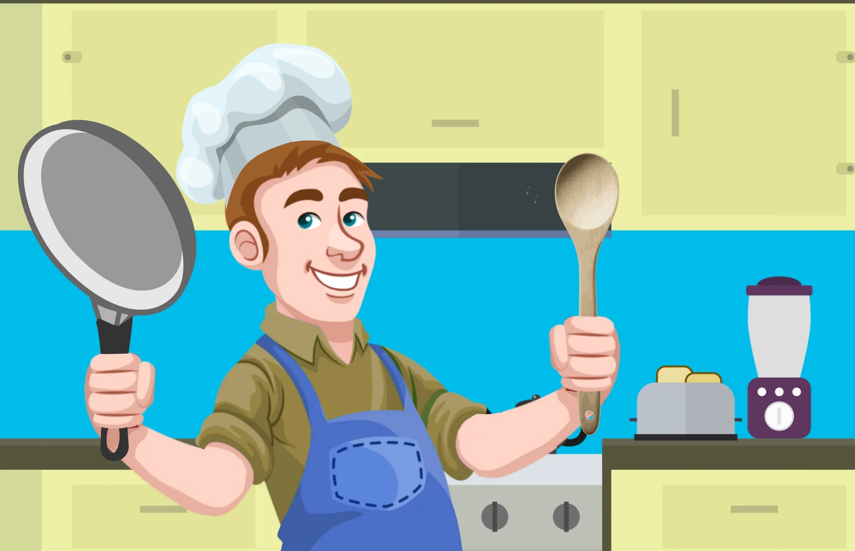 Папа варит. Повар мультяшный. Готовка рисунок. Повар со сковородкой. Человек на кухне рисунок.