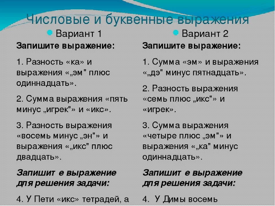 Задача с буквенными выражениями. Числовые и буквенные выражения. Числовыу и буквенныу выражение. Математика буквенные выражения. Математический диктант 5 выражений.