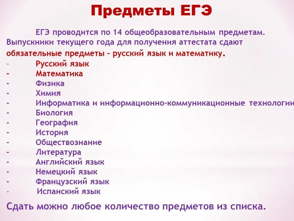 Изменения предметов егэ. Предметы ЕГЭ. Обязательные предметы по ЕГЭ. Список обязательных предметов ЕГЭ. Какие предметы обязательны в ЕГЭ.