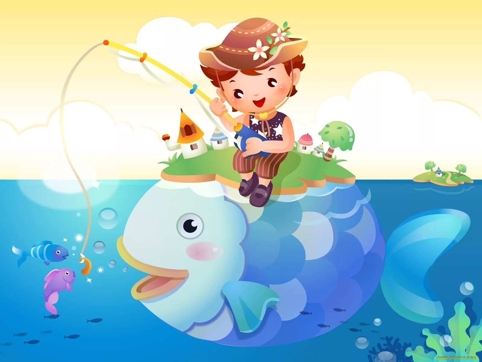 Весёлые рыбки. Векторные иллюстрации детские. Детские картинки. Дети на рыбалке. Про рыбалку для детей