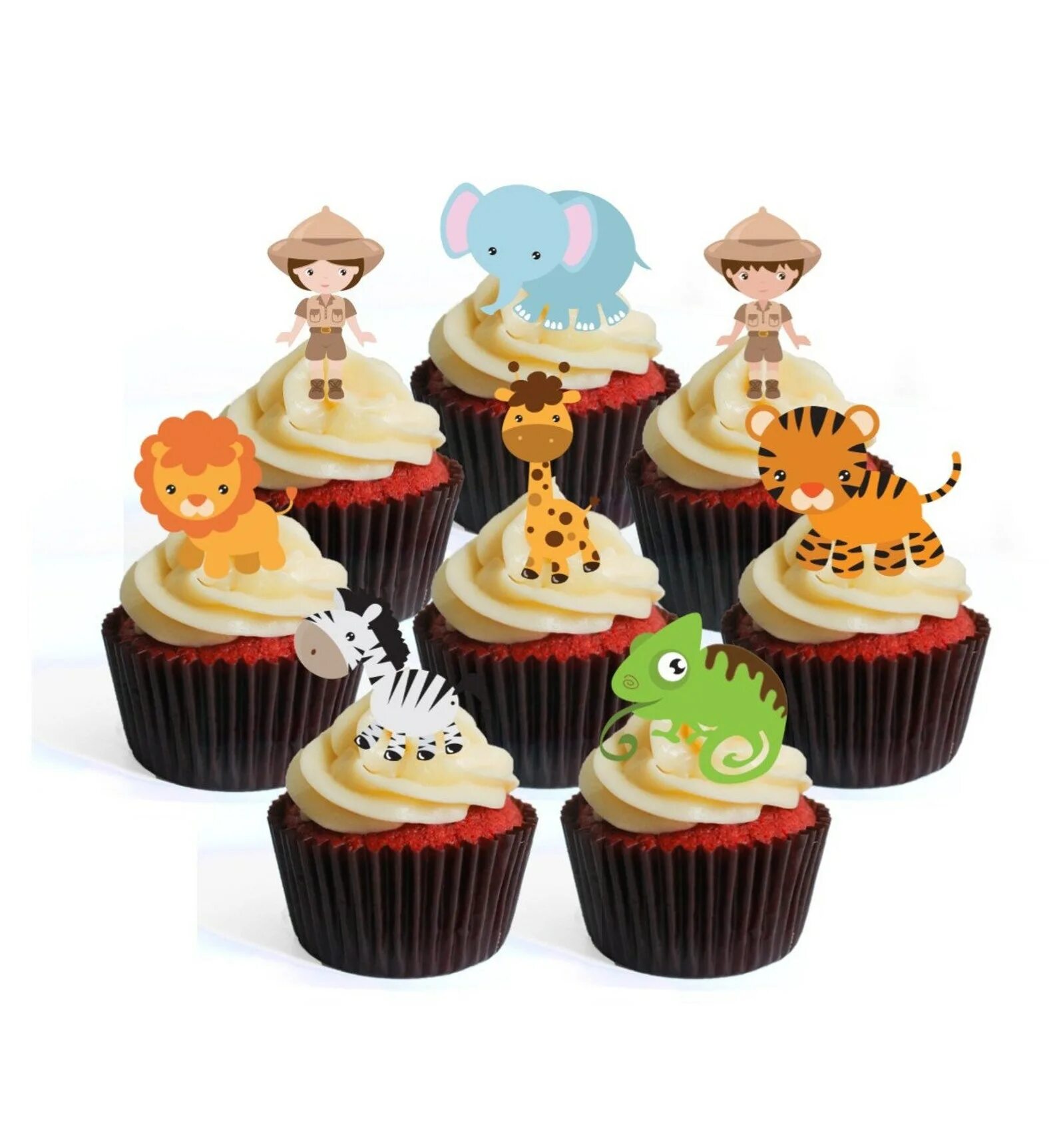 Топперы съедобные. Капкейк сафари. Toppers Stand. White Mini animal Cakes.