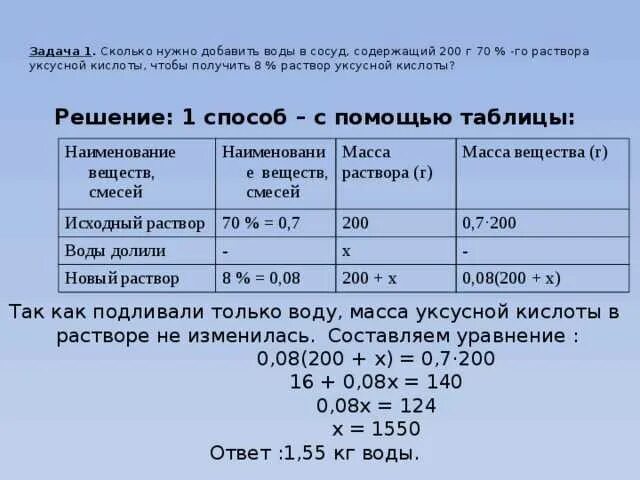 Концентрация сухого вещества. Приготовление процентных растворов кислот. Задачи на концентрацию растворов. Решение задач на смеси. Вода для приготовления раствора.