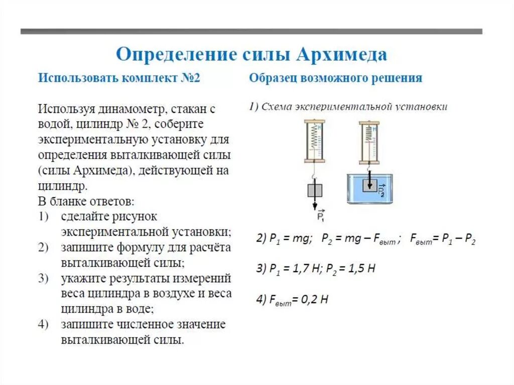 Экспериментальные задачи по физике. Динамометр стакан с водой и цилиндр. Эксперимента задача по физике. Схема установки для определения силы Архимеда. Сила архимеда задачи 7 класс с решением