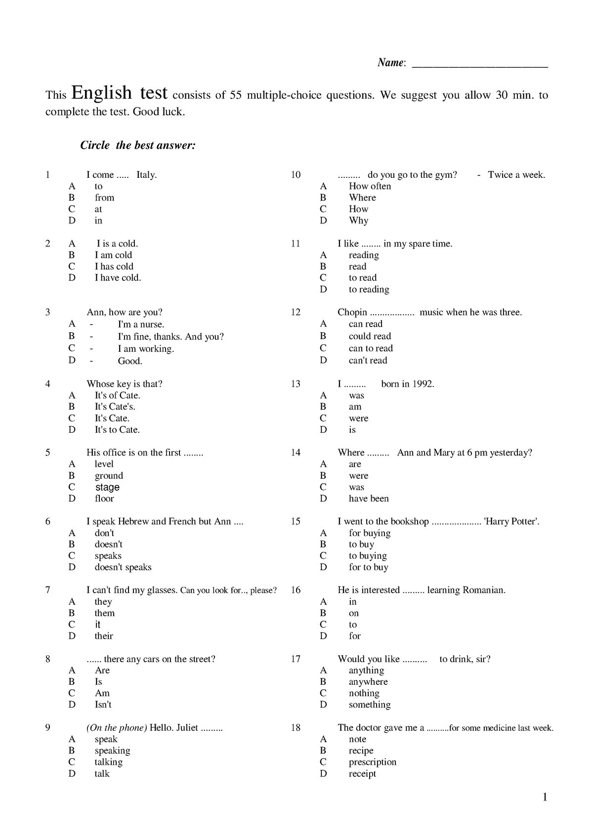 Test questions ответы. Revision Test 1 10 класс multiple choice. Test for pre Intermediate Level. Test English.com. English best tests