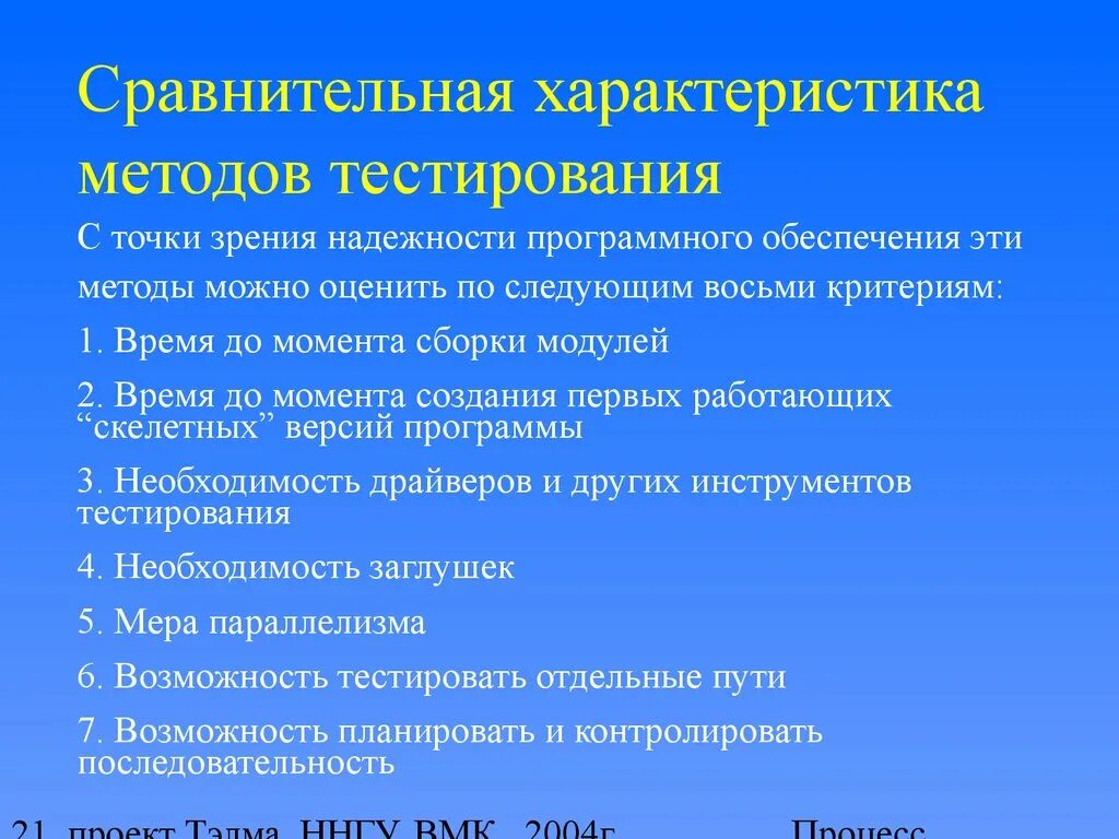 Характеристика метода тестирования