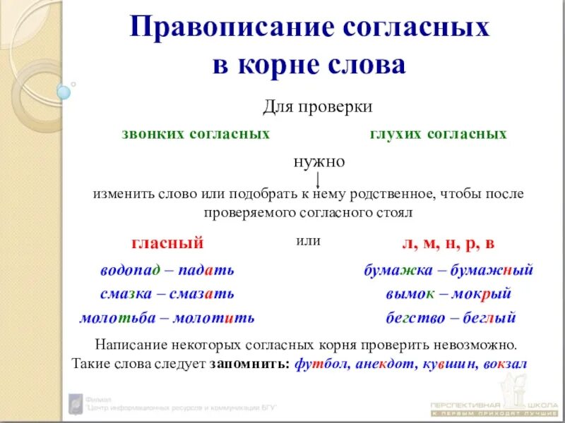 Правило правописания согласных в корне