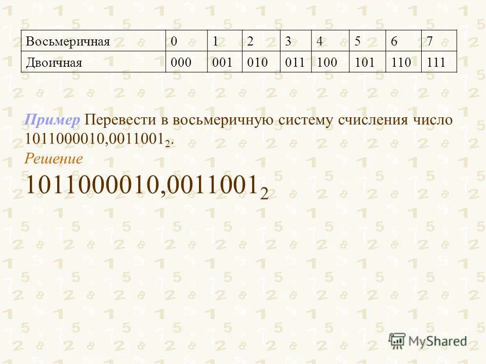 Примеры из двоичной в восьмеричную. Примеры из двоичной в восьмеричную