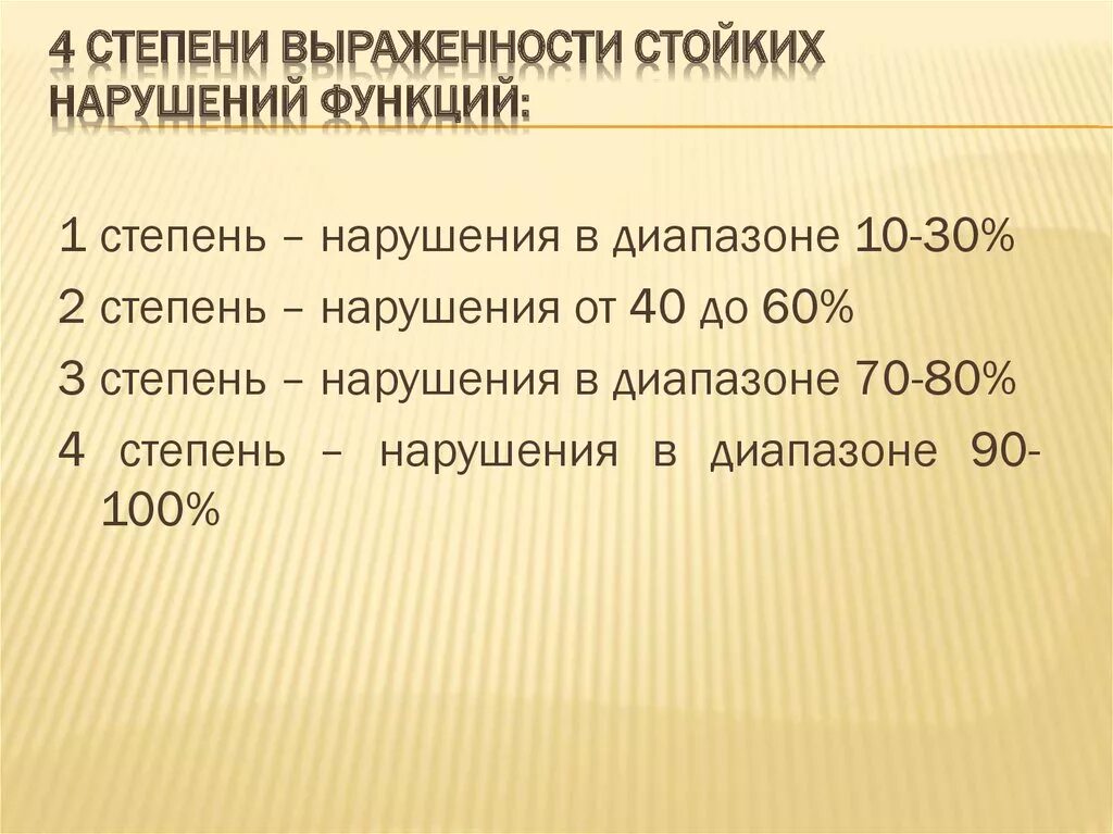 Степень выраженности нарушений организма. Степени нарушения здоровья. Степень выраженности. Степени выраженности нарушений. Степени выраженности стойких нарушений функций.