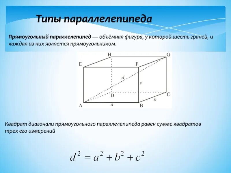 Диагональ прямоугольного параллелепипеда. Квадрат диагонали прямоугольного параллелепипеда равен. Формула длины диагонали прямоугольного параллелепипеда. Свойство диагоналей прямоугольного параллелепипеда.