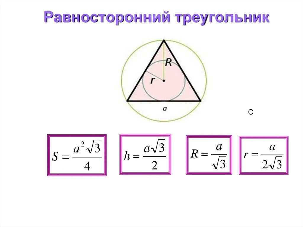 Радиус описанной окружности равностороннего треугольника формула. Формула нахождения вписанного радиуса в треугольнике равностороннем. Высота равностороннего треугольника формула. Площадь равностороннего треугольника формула. Формула равносторонеготреугольника.