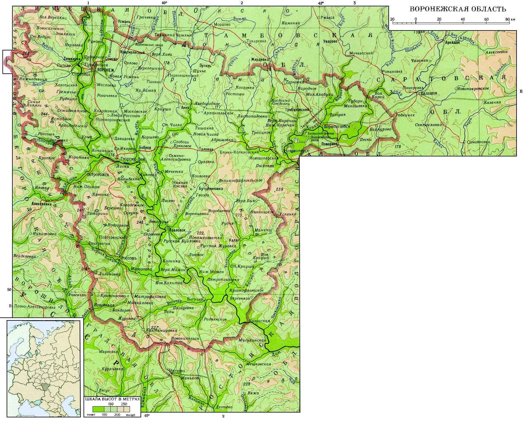 Физ карта Воронежской области. Географическая карта Воронежской области. Физическая карта Воронежской обл.. Физическая карта Воронежской области подробная с городами и селами.
