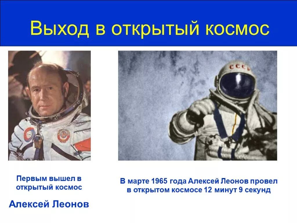 1 космонавт совершивший выход в открытый космос. Первый вышел в космос леонов.