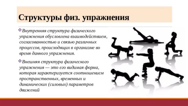 Согласованность движений 11 букв. Структура физического упражнения. Структура физ упражнений это. Внутренняя и внешняя структура физического упражнения. Внешняя структура упражнений.