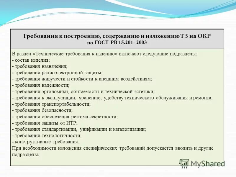 Технические требования к выполнению работ. ГОСТ РВ 015.201. Технические требования на разработку изделия. Требования к техническому заданию. Требования к изделию техническое задание.