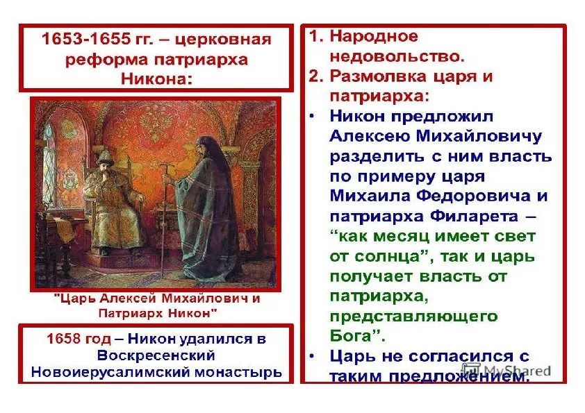 Причины конфликта царя и никона. Причины конфликта алексея михайловича и патриарха никона. общие черты патриарха филарета и никона.