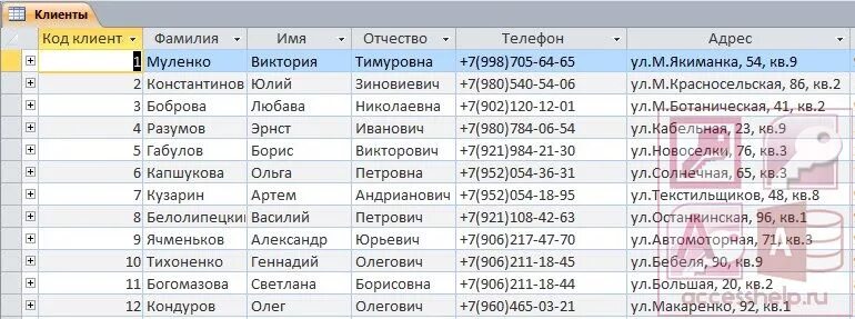 Номер телефона магазина фамилии. Клиентская база в access. Access таблица покупатели. База данных по фамилии. БД таблица покупатель.