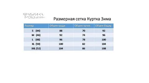 Размерная сетка курток