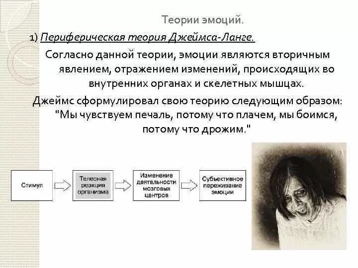 Теории эмоций ланге. Теория эмоций Джеймса Ланге. Периферическая теория эмоций Джеймса-Ланге. Теория Джеймса Ланге периферическая теория эмоций. Теория эмоций Джеймса Ланге кратко.