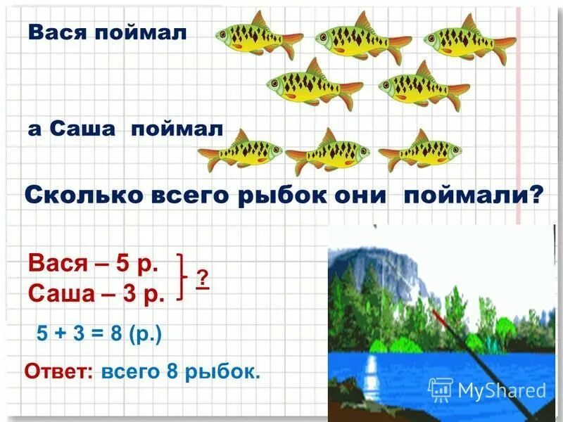 Вася ловит рыбу. Сколько рыбы я поймал. Мальчик Вася ловит рыбу схема предложения.