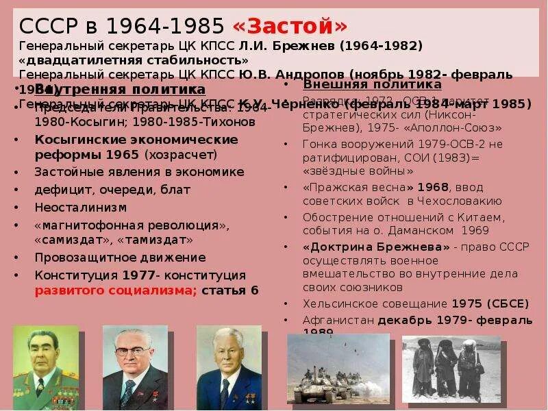 Время застоя в советском союзе. Брежнев л.и. генеральный секретарь ЦК КПСС 1964-1982. СССР при Брежневе 1964-1982 внутренняя и внешняя политика. Политики СССР 1964 1985 таблица. Период правления Брежнева застой внутренняя политика.